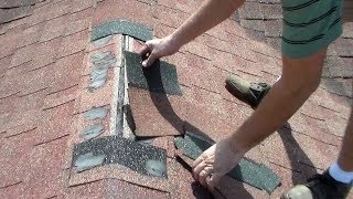 Small Asphalt Shingles Ridge Cap Roofing Repair  Terminating Ridge Shingles [upl. by Hylton]