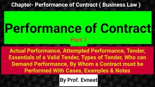 Performance of Contract in Indian Contract Act 1872 Part 1 CA Foundation Tender amp its Essentials [upl. by Rudolph]