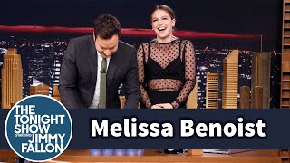 Melissa Benoist Teaches Jimmy Sport Stacking [upl. by Tteltrab]